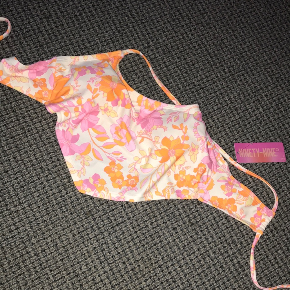 Ninety Floral One-Shoulder Kids Swim Top - Pink & Orange on White